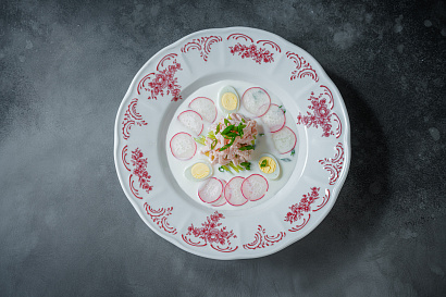 Оkroshka with vegetables and smoked turkey with kefir 
