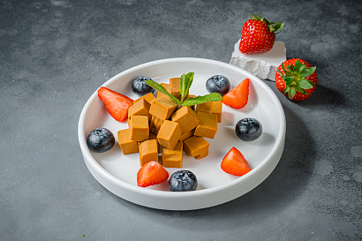 Norwegian Brunost cheese with blueberries